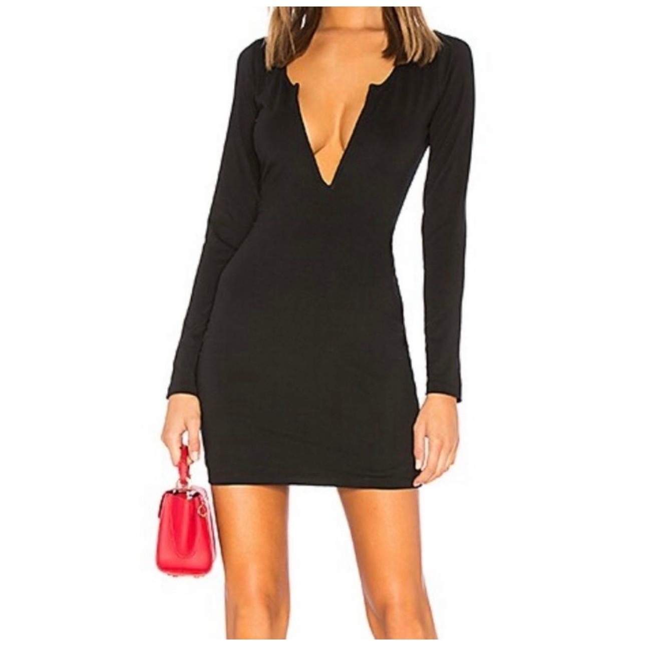 Superdown Emmy Deep V-Neck Black Dress Long Sleeve Mini Size Xl